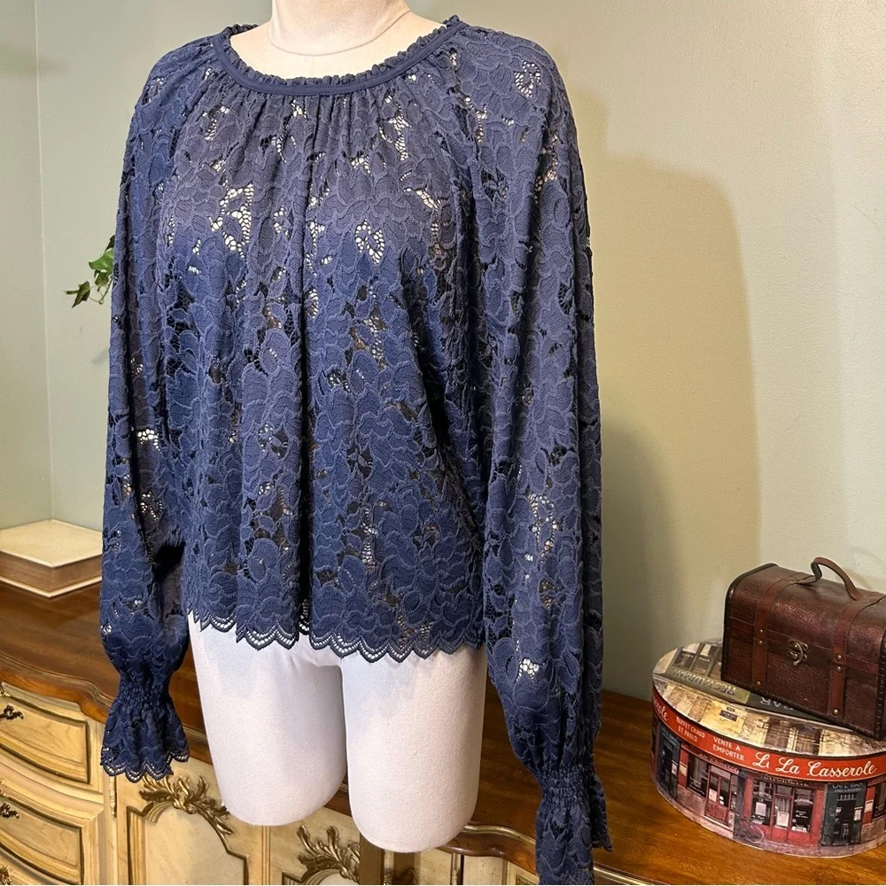 Free People Navy Blue Floral Lace Elastic Sleeve Blouse